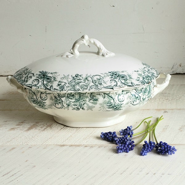 Green Transferware Ironstone Oval Covered Vegetable Dish , Antique John Maddock & Sons Royal Vitreous "Rococo" , 1880s Made in England
