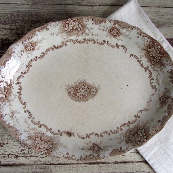 RESERVED for Baraba Antique Brown Transferware Ironstone Platter CELTIC Mellor Taylor & Co. England , Late 1800's Semi Porcelain Platter