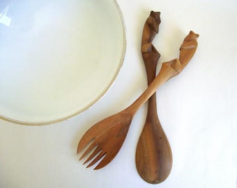 Carved Wood Salad Servers with Baboon or Monkey Handles , African Salad Fork & Spoon Set , Boho Table Decor