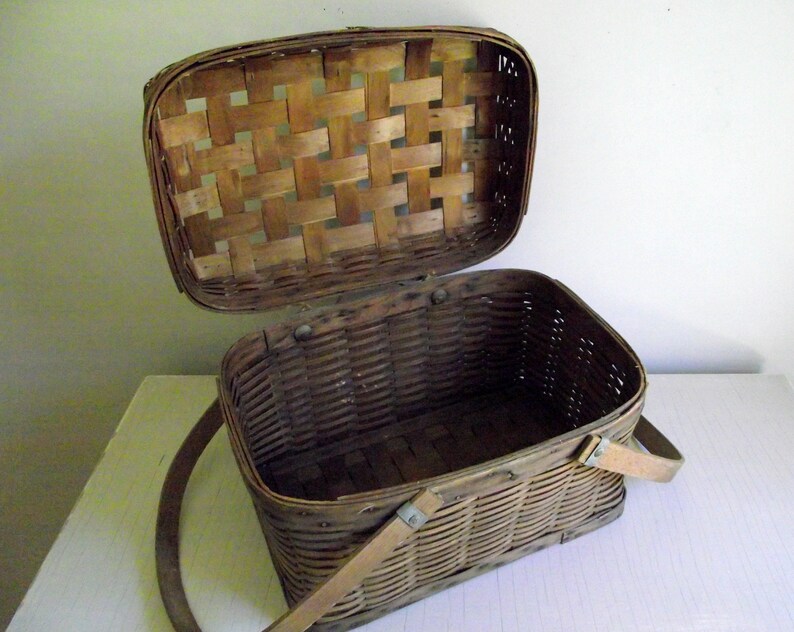 Splint Wood Picnic Basket with Hinged Lid and Swing Handles Etsy