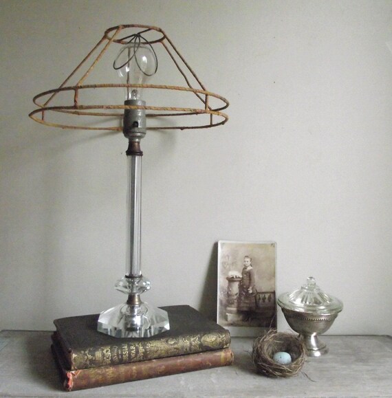 Glass Stick Lamp With Clear Fl Etched Vintage Bedside Boudoir Table Base Cottage Chic Decor