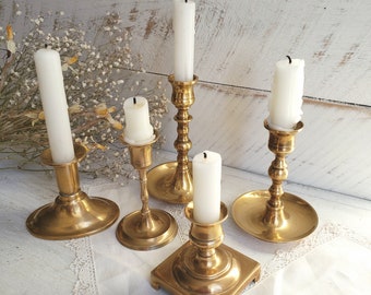 Brass Candlestick Holders , Mixed Set of Five Graduated Brass Candleholders , Vintage Home Decor
