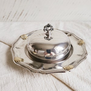Wm A Rogers Silver & Gold Domed Butter Dish with Glass Insert, Round Covered Butter Serving Dish with Gold Scallops , Coastal Beach House image 1