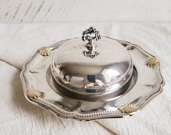 Wm A Rogers Silver & Gold Domed Butter Dish with Glass Insert,  Round Covered Butter Serving Dish with Gold Scallops , Coastal Beach House