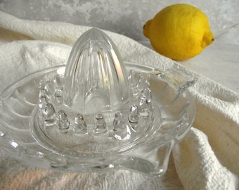 French Glass Reamer by Reims France , Vintage Clear Glass Hand Press Citrus Juicer