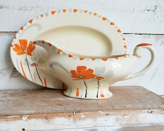 Floral Gravy Boat with Under Plate , Hand Painted Art Deco Style Myott & Son Gravy Boat , Vintage Sauce Boat , Farmhouse Decor