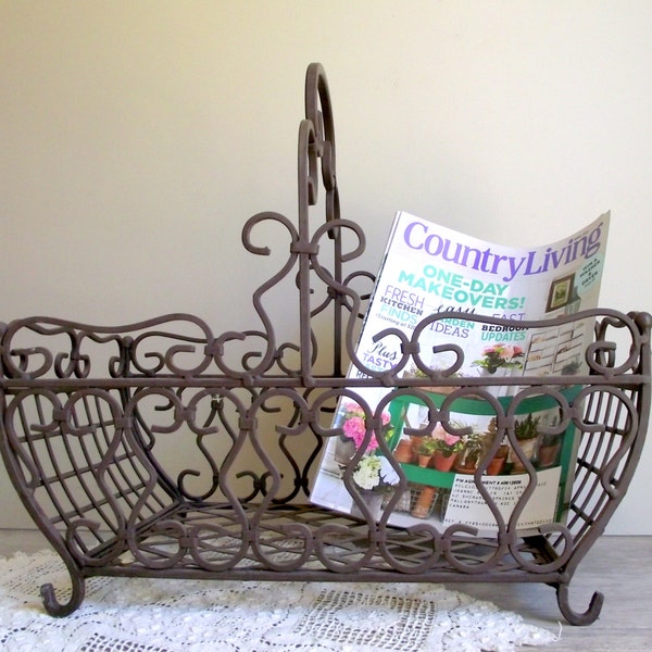 Ornate Iron Basket / Vintage Metal Basket / Magazine Holder / Container Planter / Home Garden Decor / Metal Scrollwork Basket