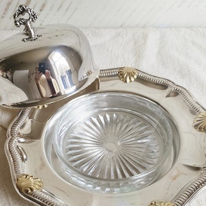 Wm A Rogers Silver & Gold Domed Butter Dish with Glass Insert, Round Covered Butter Serving Dish with Gold Scallops , Coastal Beach House image 4