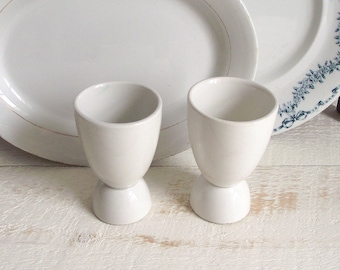 Ironstone Egg Cups , Pair of Vintage Super Vitrified England White Double Egg Cup Modern Farmhouse Kitchen