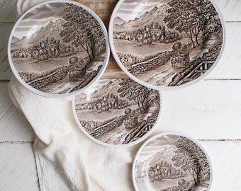 Wood & Sons Westmorland Brown Transferware Plates , Four Vintage Side Plates , Two 7 Inch Plates and Two 8 Inch Plates