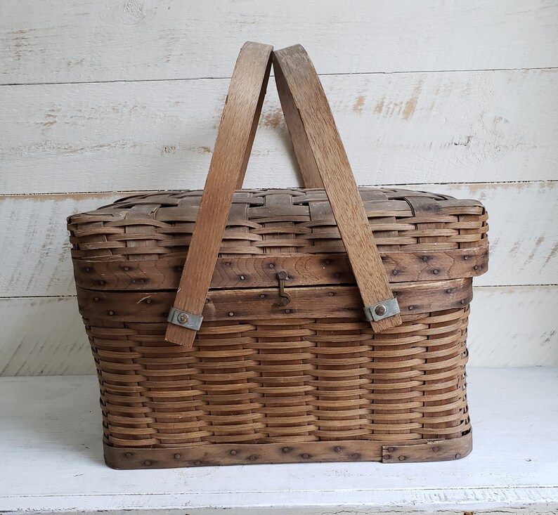 Splint Wood Picnic Basket With Hinged Lid and Swing Handles Etsy