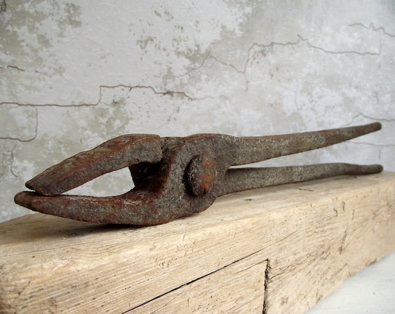 Antique Blacksmith Tongs , Primitive Hand Forged Iron Duck Bill Tongs ,  Blacksmithing Tool , Industrial Decor 