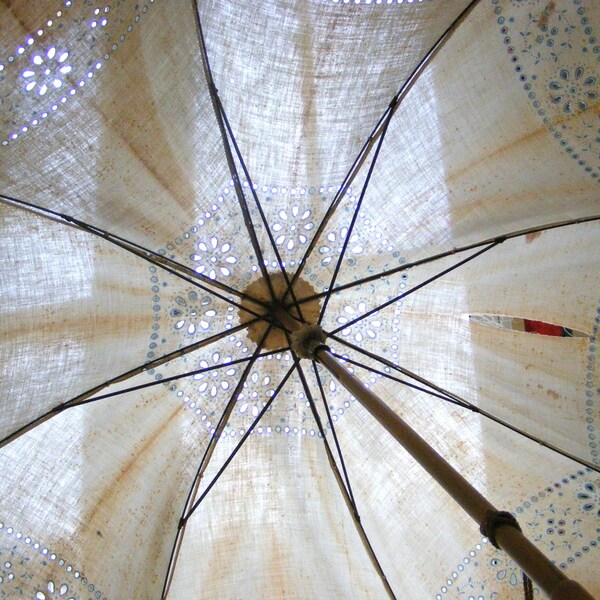 Antique Victorian Parasol Pretty Cotton Summer Parasol with Curved Wood Handle