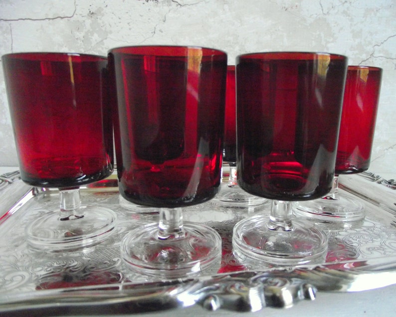 Red Luminarc Aperitif Glasses , Set of 6 Vintage Ruby Glasses by Verrerie D'Arques France , Red French Stemware Holiday Table Decor image 5