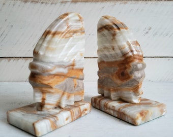 Onyx Indian Head Bookends Made In Mexico , Carved Onyx Bookends , Gray White & Orange Mexican Onyx Shelf Decor