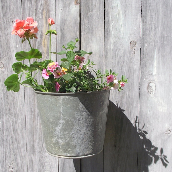 Vintage Sap Buckets | Set of 2 Industrial Galvanized Container Planters | Shabby Cottage Chic | Wedding Decor | Summer Farmhouse Decor