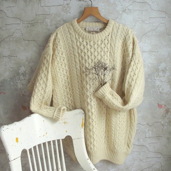 Oversized Scottish Jumper by Highland Home Industries Pure Wool Vintage Cream Cable Fisherman Knit Crew Neck Sweater , Unisex Size Mens L