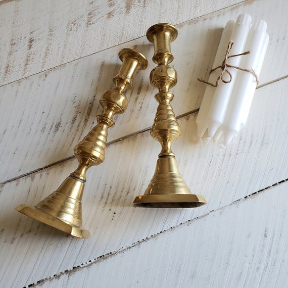 English Brass Candlestick With Push up Rods , Antique 19th Century  Victorian Brass Beehive Candlestick Holders 