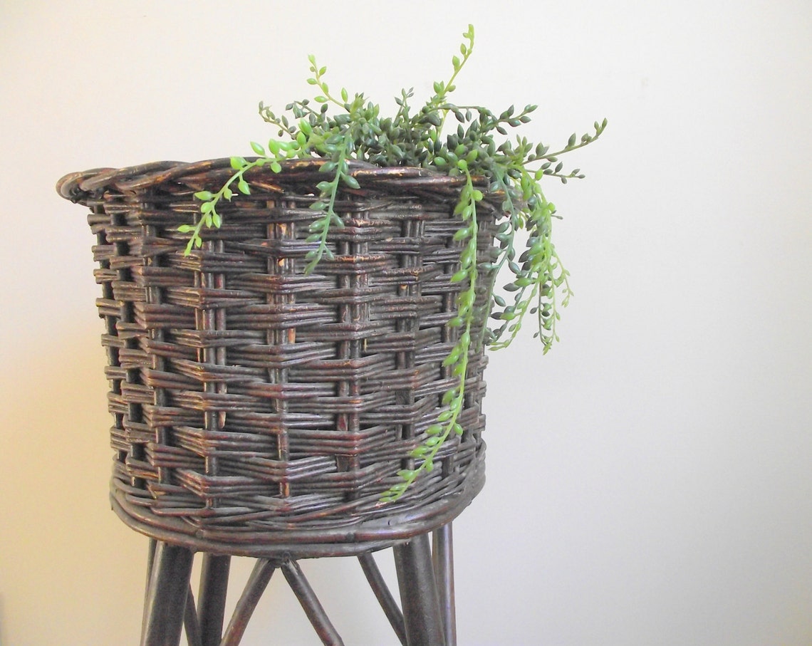 Wicker Planter Stand 1930s Woven Wicker Basket Plant Stand Etsy