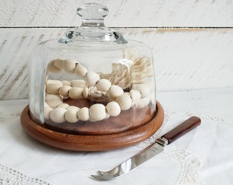 Teakwood Cheese Server with Glass Dome & Cheese Knife , Round Teak Cheese Board Faceted Glass Dome Lid with Knife