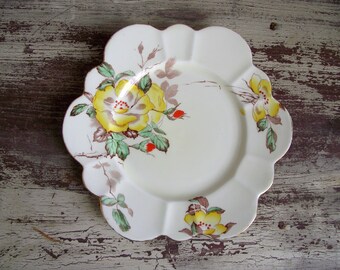 Paragon Star Gloire-de-Dejon Plate , Rare 1920s Hand Painted Fine Bone China Salad Plate with Gilded Rim & Yellow Roses , Collector's Plate