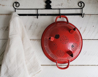 French Enamelware Colander , Vintage Red Enameled Strainer , French Country Farmhouse Kitchen
