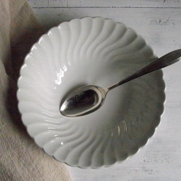 White Ironstone Vegetable Bowl Johnson Bros England in Regency Pattern with Embossed Swirl Design Modern Farmhouse Style