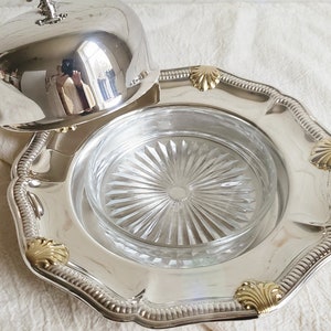 Wm A Rogers Silver & Gold Domed Butter Dish with Glass Insert, Round Covered Butter Serving Dish with Gold Scallops , Coastal Beach House image 6