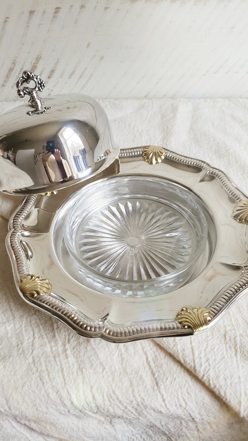 Wm A Rogers Silver & Gold Domed Butter Dish with Glass Insert, Round Covered Butter Serving Dish with Gold Scallops , Coastal Beach House image 6