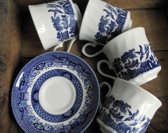 Mixed Blue Willow Cups & Saucers by Churchill and Royal Wessex England , Mixed Set of 4 Vintage Blue Transferware Cups and Saucers