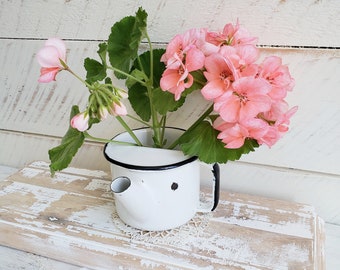 Enamelware Invalid Cup , Vintage White & Black Medical Cup with Spout , Repurpose String Dispenser , Farmhouse Decor