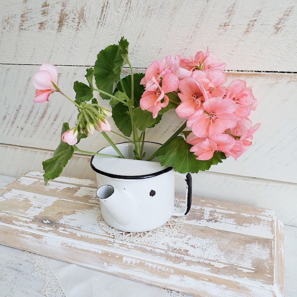 Enamelware Invalid Cup , Vintage White & Black Medical Cup with Spout , Repurpose String Dispenser , Farmhouse Decor