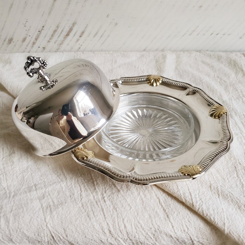 Wm A Rogers Silver & Gold Domed Butter Dish with Glass Insert, Round Covered Butter Serving Dish with Gold Scallops , Coastal Beach House image 2