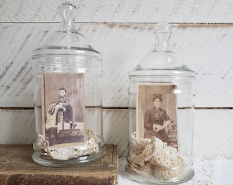 Apothecary Jars with Glass Lids , Vintage Pair of Clear Glass Jars for Bathroom Storage and Display