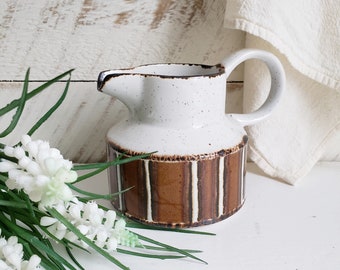 Midwinter Stonehenge Creamer in Earth Pattern , Vintage Mid Century Modern Midwinter White & Brown Striped Pitcher