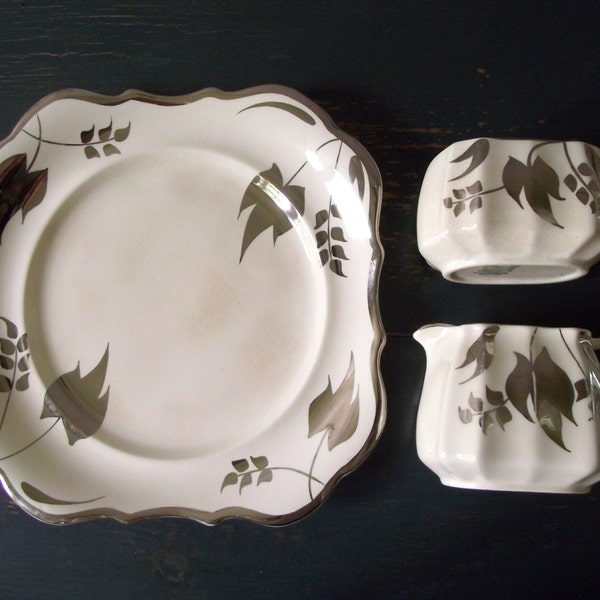 Sandland Ware / Cream and Sugar Set with Plate / Lancaster and Sandland / Hanley Staffordshire England / Silver Leaf Pattern / Lusterware