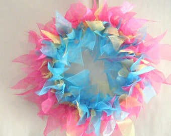 Rainbow Ribbon Rag Wreath Handtied Home Decor Fun Multicolored Pink, Blue, Yellow