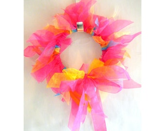 Rainbow Ribbon Rag Mini Wreath Handtied Home Decor Fun Multicolored Pink, Blue, Yellow, Orange