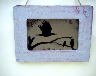Antiqued Raven Mirror: Rustic Burgundy & Lavender Bird Art