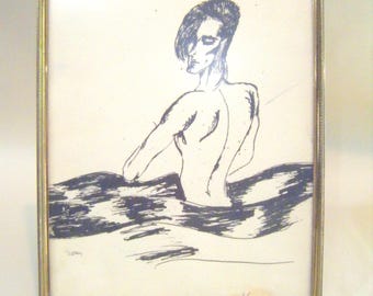 Vintage Pen & Ink Drawing: Man in Water, Framed 1980s Art
