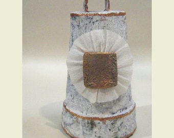 Handmade Paper Mache Bell: Green White Distressed Cottage Decor