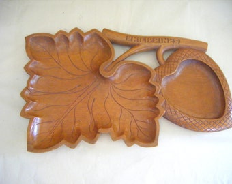 Hand Carved Wood Snack Tray: Vintage Philippines Leaf & Acorn, 1950s Tiki Decor