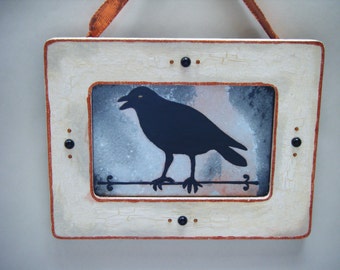 Antiqued Mirror Raven Silhouette: Rustic Shabby Chic Bird Decor