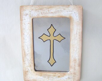 Gold Cross Distressed Mirror, Rustic Shabby Chic Decor