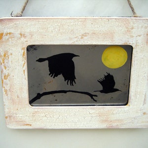 Flying Ravens with Harvest Yellow Moon Antiqued Accent Mirror Rustic Black Bird Crow Boho Country Primitive Fall Home Decor Wall image 1