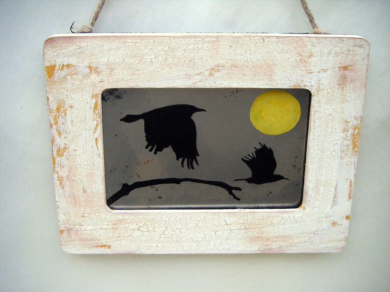 Flying Ravens with Harvest Yellow Moon Antiqued Accent Mirror Rustic Black Bird Crow Boho Country Primitive Fall Home Decor Wall image 1