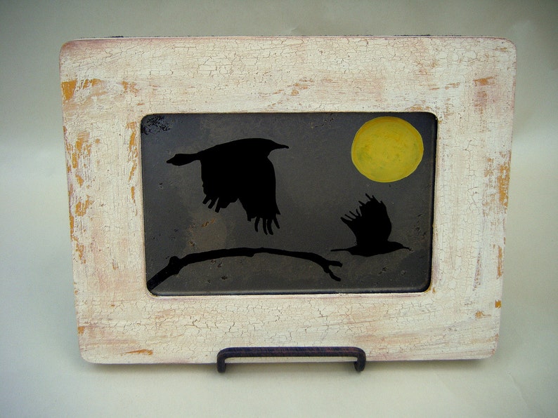 Flying Ravens with Harvest Yellow Moon Antiqued Accent Mirror Rustic Black Bird Crow Boho Country Primitive Fall Home Decor Wall image 2