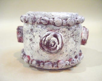 Upcycled Paper Mache Small Vase, Red White Rosette Rose, Rustic Home Decor