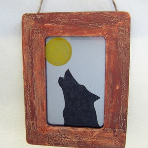 Howling Wolf and Full Moon Distressed Mirror Art Rustic Frame Country Cottage Prairie Mountain Log Cabin Ranch Western Decor Chippy