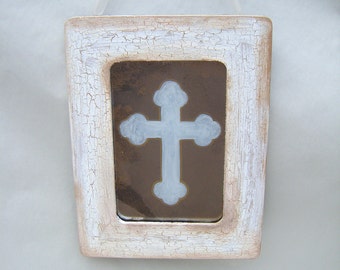 Chippy White Cross Antiqued Mirror: Shabby Chic French Country Decor